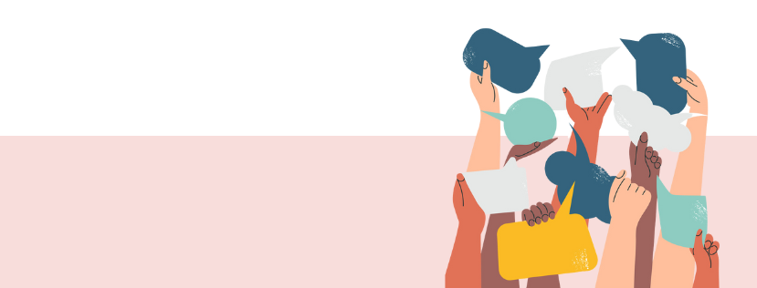 Illustration of diverse people holding hands up with speech bubbles